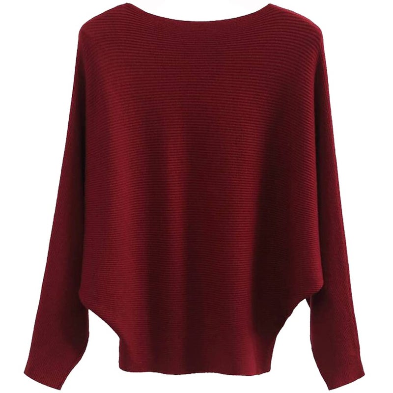 Ckikiou Womens Lightweight Oversized Boat Neck Sweaters Tops Dolman Batwing Sleeve Ribbed Knitted Pullovers Red - Image 1